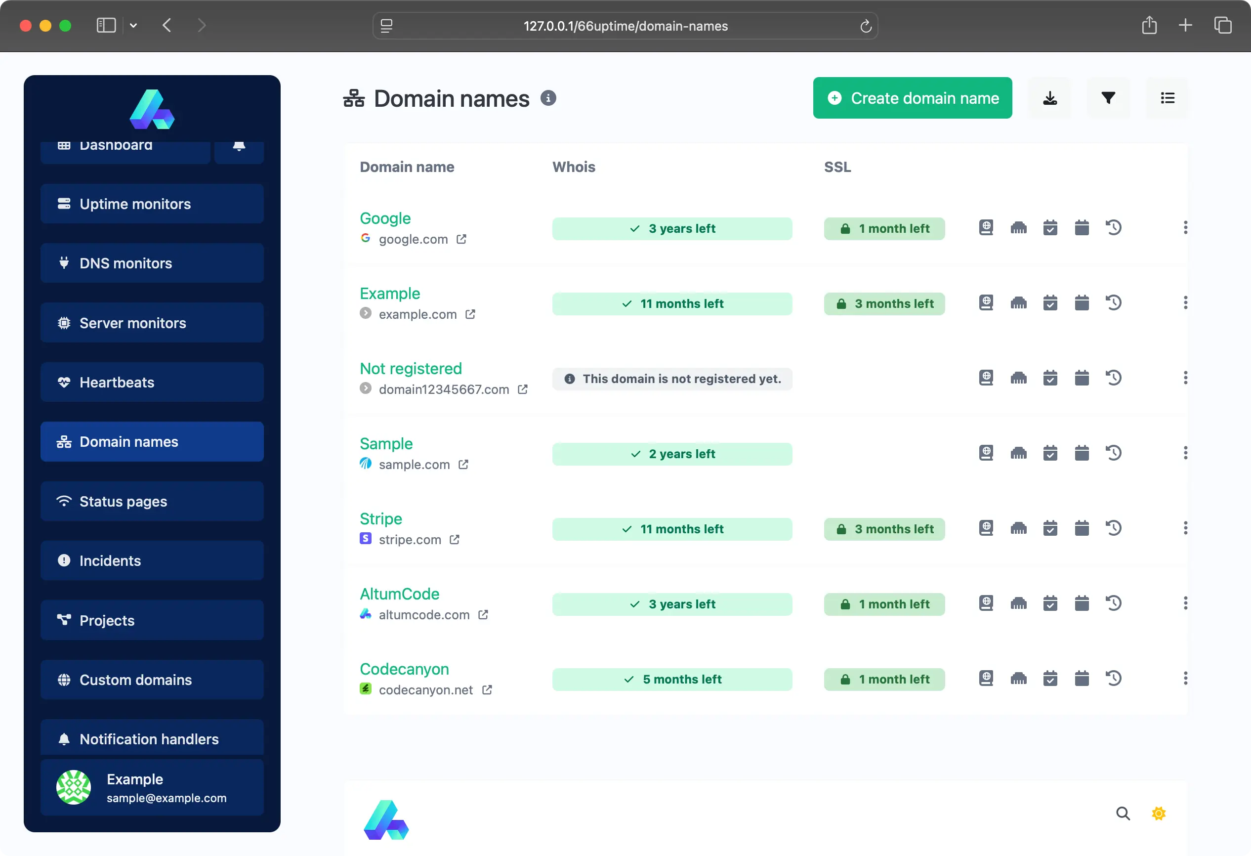 Screenshot of the app domain names list page